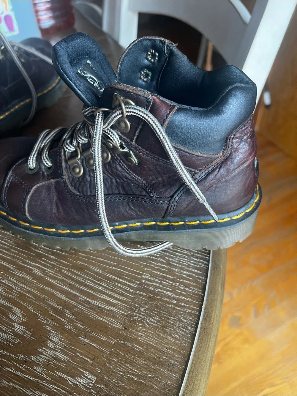 Dr. Martens Dark Brown Leather Lace-Up Boots with Yellow Stitching